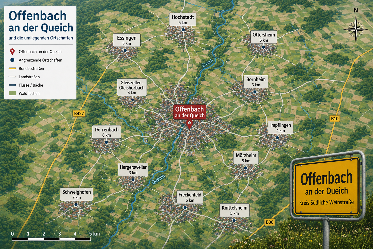 Karte von Offenbach an der Queich mit umliegenden Orten in der Südpfalz